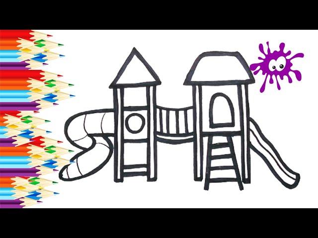 How to draw a playground. Cartoon coloring book for kids. Learn to draw 