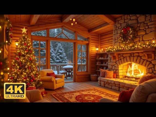 Christmas Cabin Ambience in 4K | Cozy Fireplace & Snowy Forest View ️