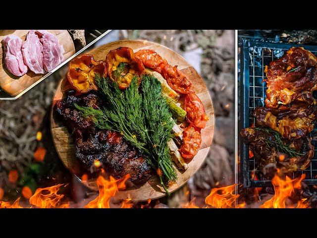 Primitive Kitchen - Cooking meat on a fire. Bushcraft.