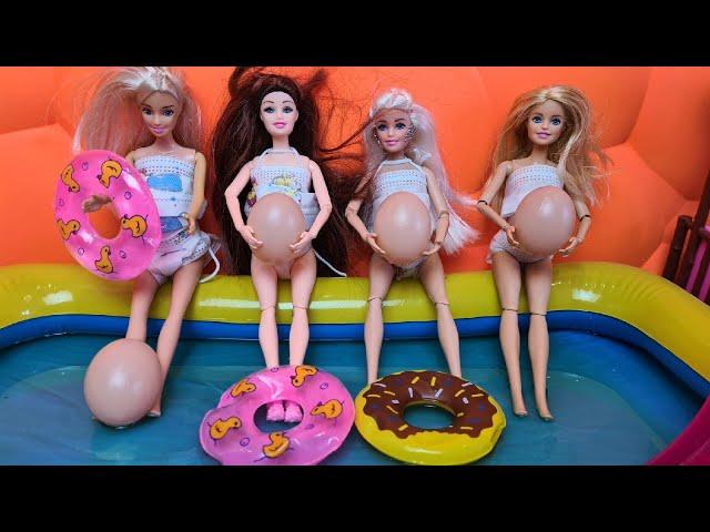 4 PREGNANT BARBIES WANT TO GO TO THE POOL! Swimwear for dolls made of masks and belly made of eggs 