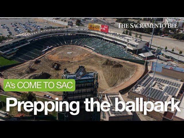 See drone video of construction for A's at Sutter Health Park in West Sacramento