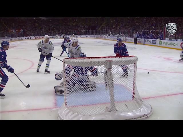 Melnichuk stops it with his goalie mask again!