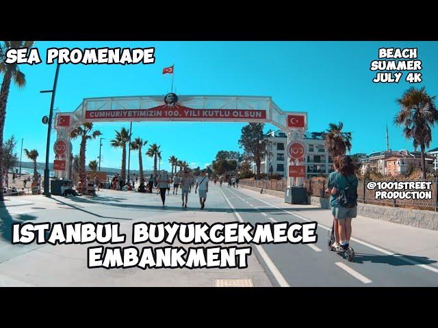 Turkiye Istanbul Buyukcekmece Embankment, Sea Promenade, Beach, Summer, July, 4K walking tour