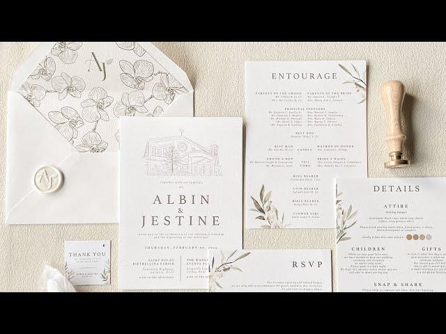 albin & jestine | dainty minimalist wedding invitations in white and green | AN Designs Studio