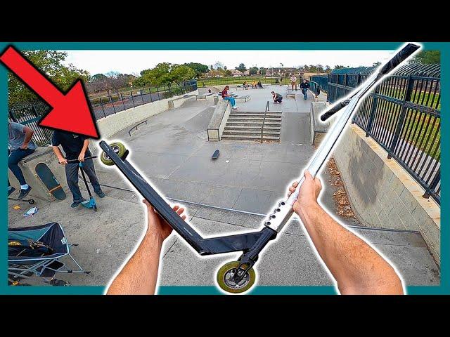 RIDING WORLDS BIGGEST SCOOTER DECK AT SKATEPARK!