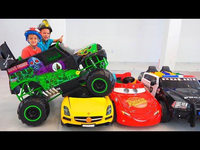 Vlad and Nikita ride on toy monster truck and goes through the cars for kids