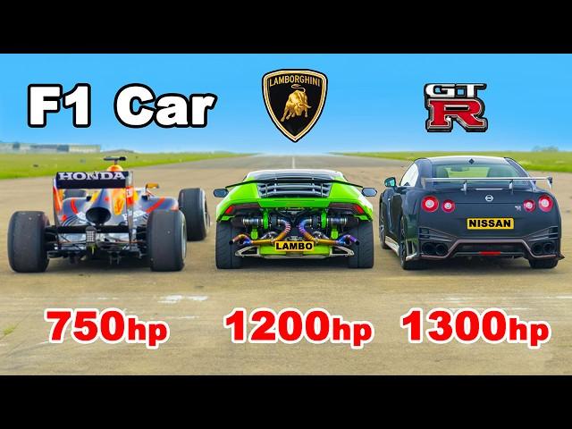 F1 Car v 1200hp Lamborghini v 1300hp GT-R NISMO: DRAG RACE