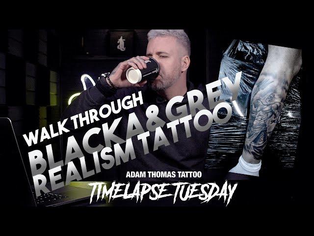 TATTOO TIMELAPSE - Black and grey realism - Poseidon leg piece! How to tattoo!