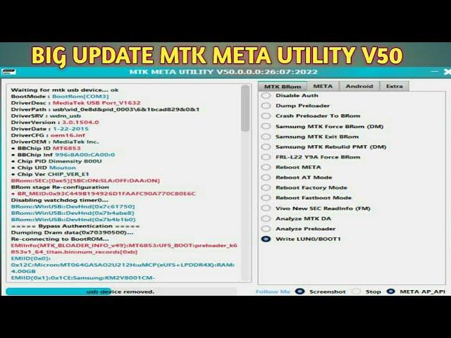 Big Update Mtk Meta Utility V50 / Oppo Vivo Samsung Mi Unlock /All Mtk Cpu Password Frp Remove