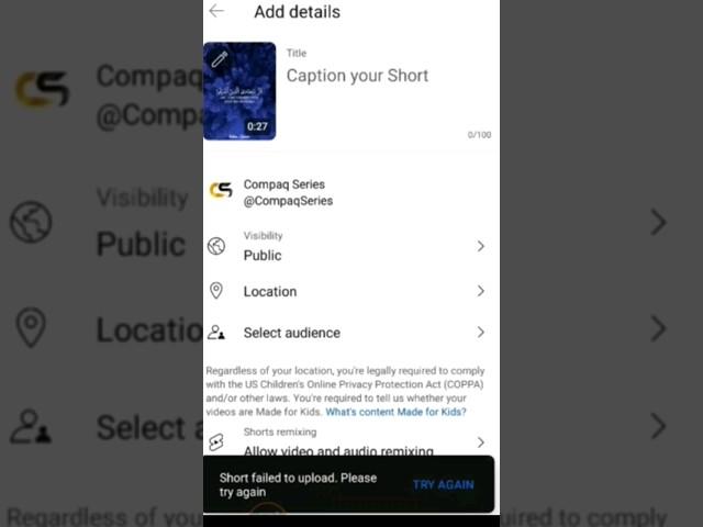 Short Failed to Upload please Try Again Problem Solve #TechYouTuber