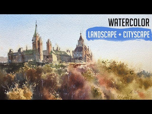 Watercolor landscape and cityscape juxtaposition. Balance in painting.