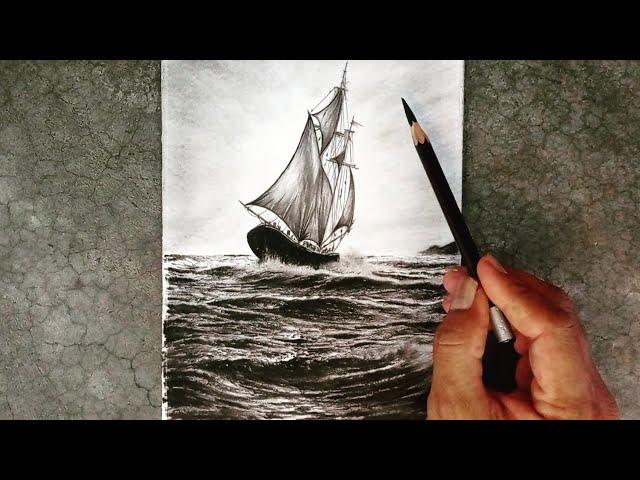 Pencil drawing of a ship sailing against the waves of the ocean.