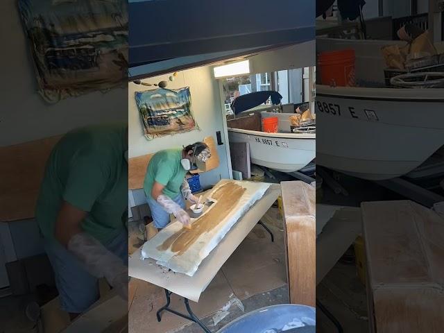 Day 59: Pre-glassing the transom We already preglassed one side of the transom and now it is time