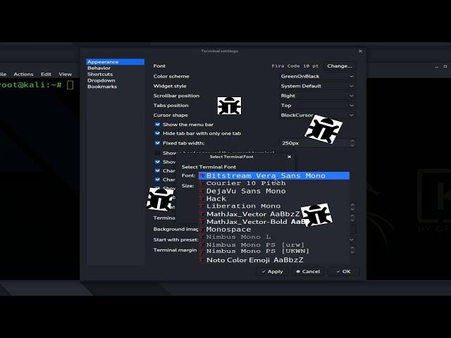 how change terminal font in kali linux 2020.3