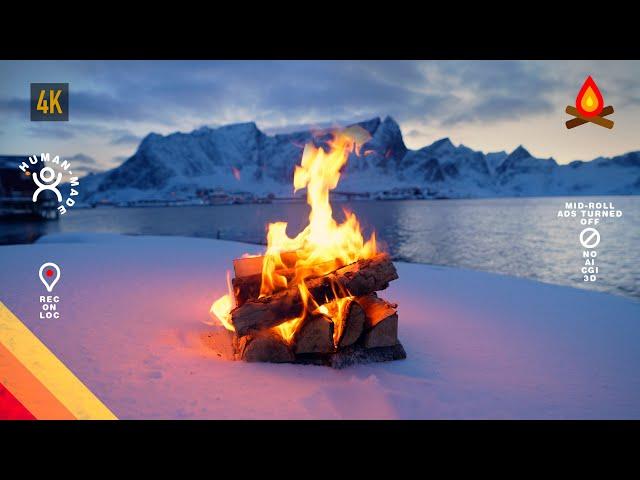 12 HOURS of  LOFOTEN winter landscape CAMPFIRE, with sounds of crackling firewood and ocean waves