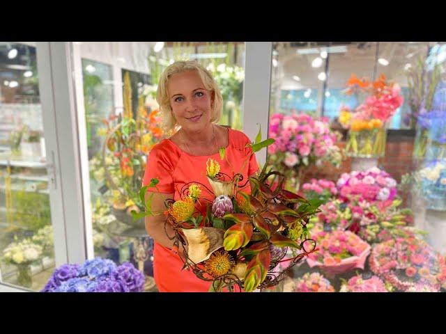 Composition and bouquet of exotic flowers