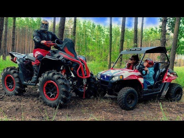 Thanos on Monster-Quad Bike VS Den and Mom ride on the kids Buggy