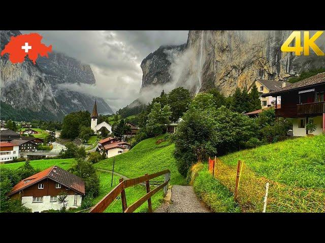 Lauterbrunnen, Switzerland 4K - Walking in the rain in the most beautiful Swiss village