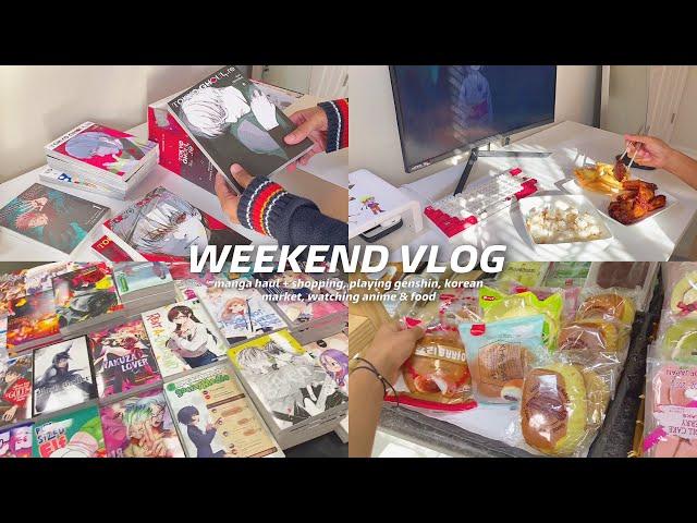 weekend vlog  : manga haul + shopping, playing genshin, korean market, watching anime, & food !