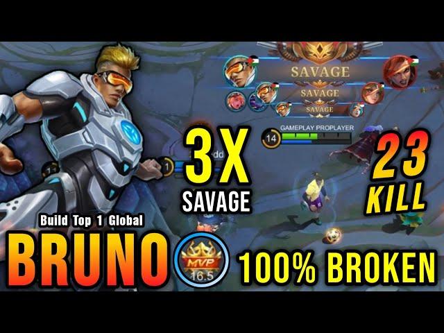 3x SAVAGE!! 23 Kills Bruno 100% Broken Marksman!! - Build Top 1 Global Bruno ~ MLBB