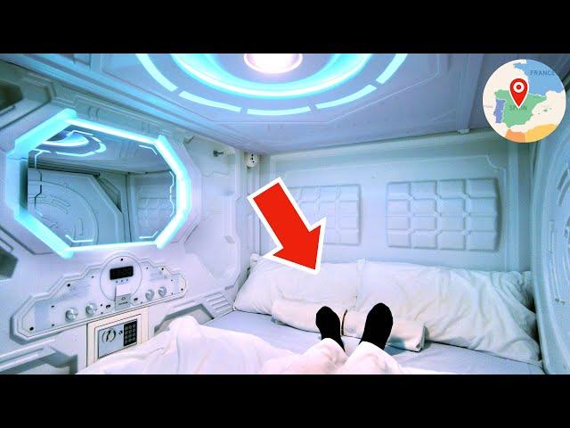 Staying Overnight at a Private CAPSULE HOTEL  $36 Large Bed Room  Madrid, Spain  Travel Vlog