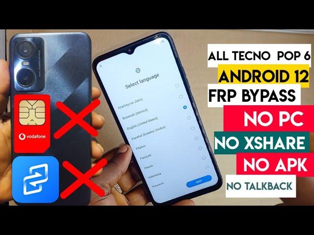 Tecno Pop 6 Pro (Be8, Be6) Frp Bypass android 12 | Tecno Android 12 Google Account Bypass/Without Pc