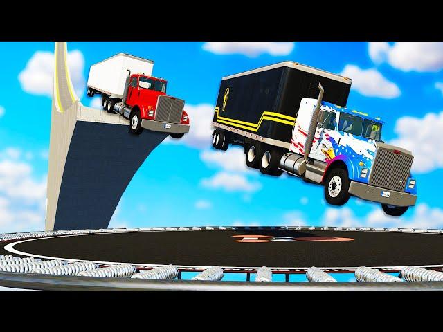 We Jumped Giant Semi Trucks on a MASSIVE Trampoline and Broke Everything in BeamNG Multiplayer!