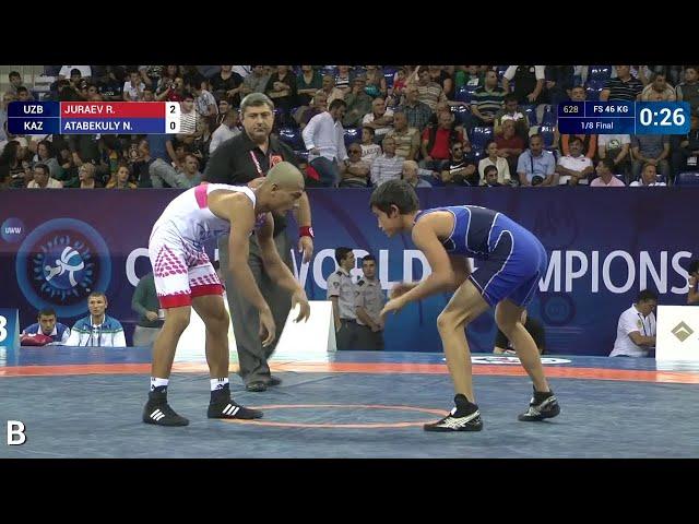 1/8 FS - 46 kg: R. JURAEV (UZB) df. N. ATABEKULY (KAZ) by TF, 10-0