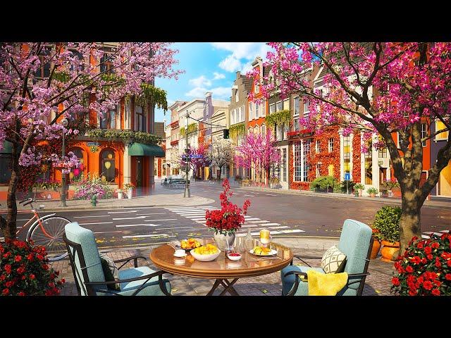 Springtime Street & Calm Spring Jazz Music at Outdoor Cafe Shop Space for Relax, Good Mood [ 4K ]