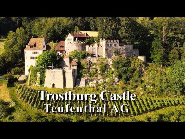 4K Bird's view of Trostburg Castle, Teufenthal, Aargau, Switzerland