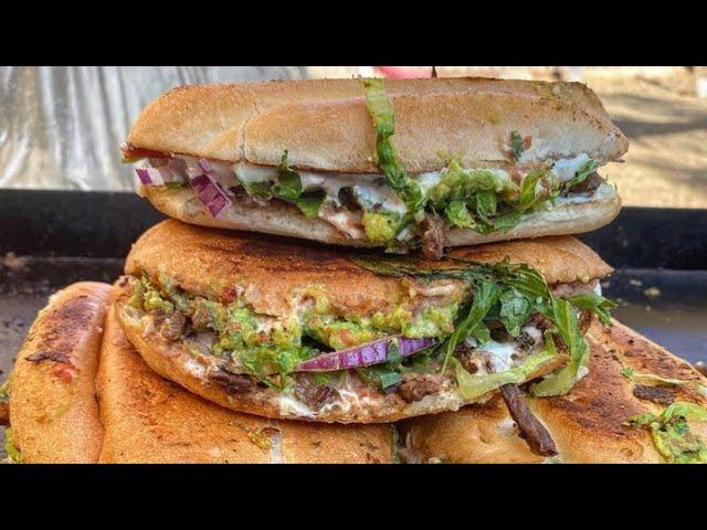 Tortas de asada on the griddle