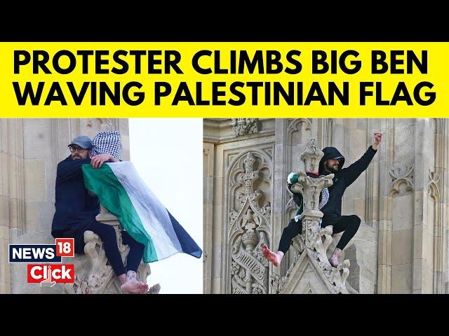 Protester With Palestinian Flag Climbs Elizabeth Tower In Central London | London Big Ben | N18G