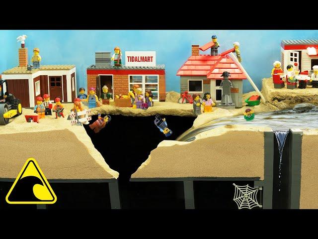 Lego City Falls into Abandoned Mine - Tsunami Dam Breach Experiment - Wave Machine vs Beach Resort