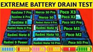 Realme 8 Pro vs Realme 8 vs Redmi Note 10 vs Note 10 Pro vs Poco X3 vs M3 | Battery Drain Test | 