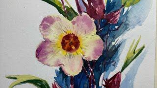 How to draw Roselle Flower/Watercolor painting tutorial