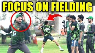 Hassan Nawaz, Salman Mirza, Ibrar Ahmed, Sahibzada Farhan fielding practice