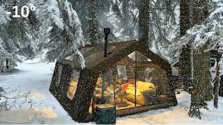 Our Snow Camp at -10 Degrees with Inflatable Tent with Stove || We Are Snow Camping with Our Cat