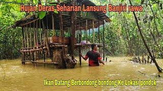 HUJAN DERAS SEHARIAN LANSUNG BANJIRI RAWA, IKAN TERPERANGKAP DI BAWAH PONDOK