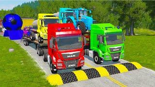 Double Flatbed Trailer Truck vs Speedbumps Train vs Cars | Tractor vs Train Beamng.Drive166