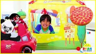 Ryan Drive Thru Pretend Play with Pizza + Power Wheels Ride On Car!!!