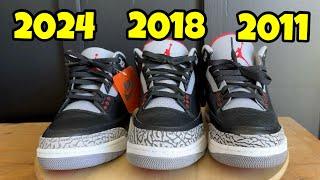 Air Jordan 3 Black Cement Comparison 2011 vs 2018 vs 2024