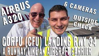 CORFU  / KERKYRA ISLAND, GREECE, CFU:  BEAUTIFUL AIRBUS COCKPIT APPROACH + LANDING ON RUNWAY 34