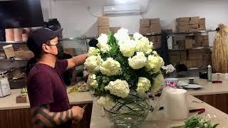 All white flower tutorials arrangement for  big Fishbowl #floraldesigner Vlog #Floward