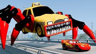 Epic escape from Lightning McQueen Eater, Mater Spider Eater, TAXI Eater | BeamNG.Drive