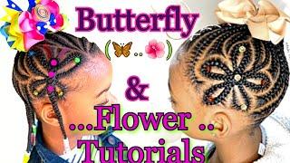 Little Black Girl Braids (BUTTERFLY & FLOWERS) Tutorial.