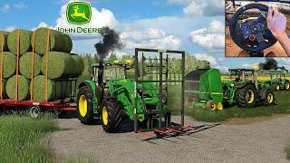 Baling & Collecting 41 bales with John Deere EQUIPMENT - Logitech G29 gameplay | FS 19