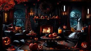 GHOSTLY RAVEN MANOR HALLOWEEN AMBIENCE-FIREPLACE-PUMPKINS-FALLING AUTUMN LEAVES-DANCING SKELETONS