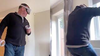 Dad Tries VR For The First Time And Jumps Into Wall