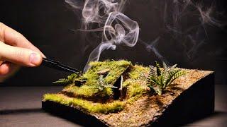 Building complete and warm survival shelter | Bushcraft earth hut, grass roof & fireplace diorama