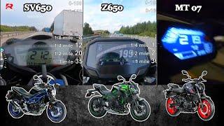 Suzuki SV650 ️ Kawasaki Z650 ️ Yamaha MT 07 | Stock Acceleration Top Speed